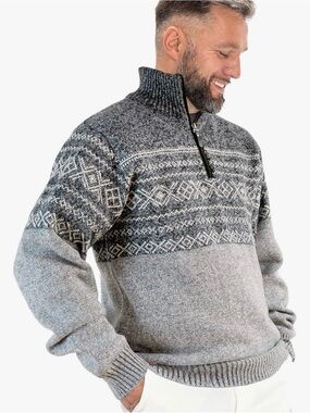MCJC - Men's Grey Fair Isle Half-Zip Sweater with High Collar